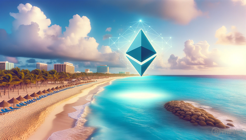 DALL·E-2023-10-27-10.28.03-Photo-of-a-serene-beach-in-Cancun-with-its-famous-turquoise-waters-and-pristine-sands.-In-the-sky-above-the-Ethereum-logo-shines-brightly-casting-a-.png